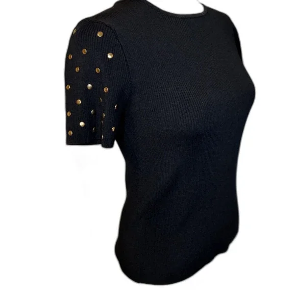 Zara Knit Ribbed Short Sleeve Top Black Gold Stud Embellished Womens - Picture 4 of 6